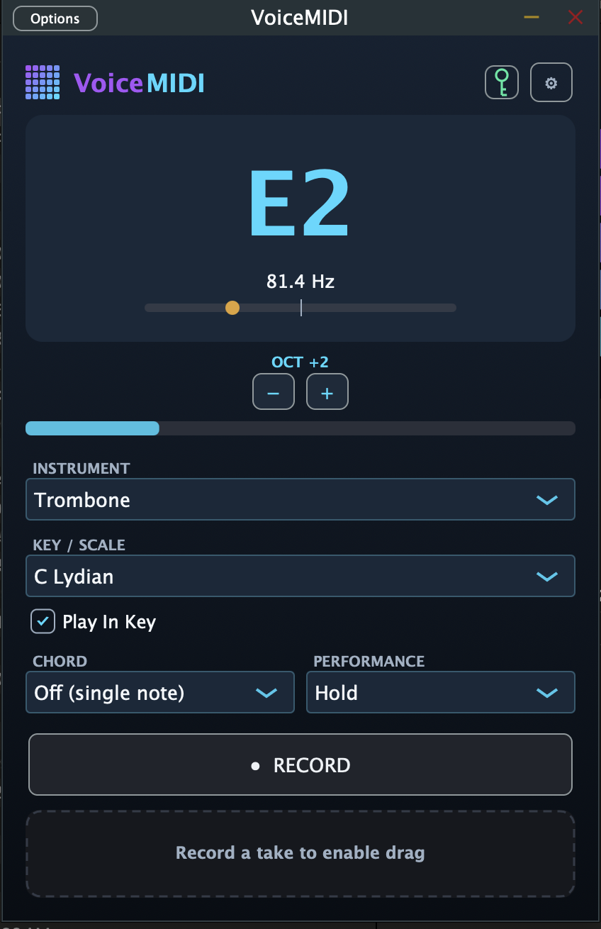 VoiceMIDI interface showing key and scale sync, Play In Key, chord mode, performance mode, record, and MIDI drag controls